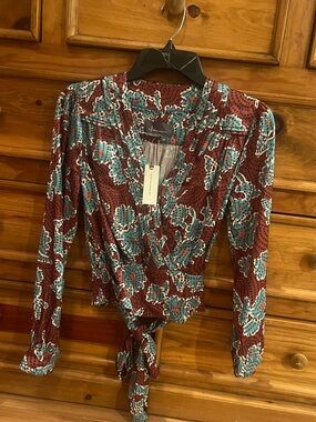 Anthropologie Burgundy Floral Tie-Front Blouse with Teal Accents